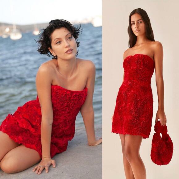 Aje Gazer Rosette Strapless Satin Mini Dress Red Size 6 Valentine's Day - Picture 1 of 10